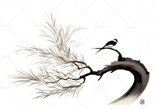 Sumi-e Fine Art Print | beautiful sumi-e inspired Japanese painting: Bird on Branch - signed Fine Art Print on traditional rice paper